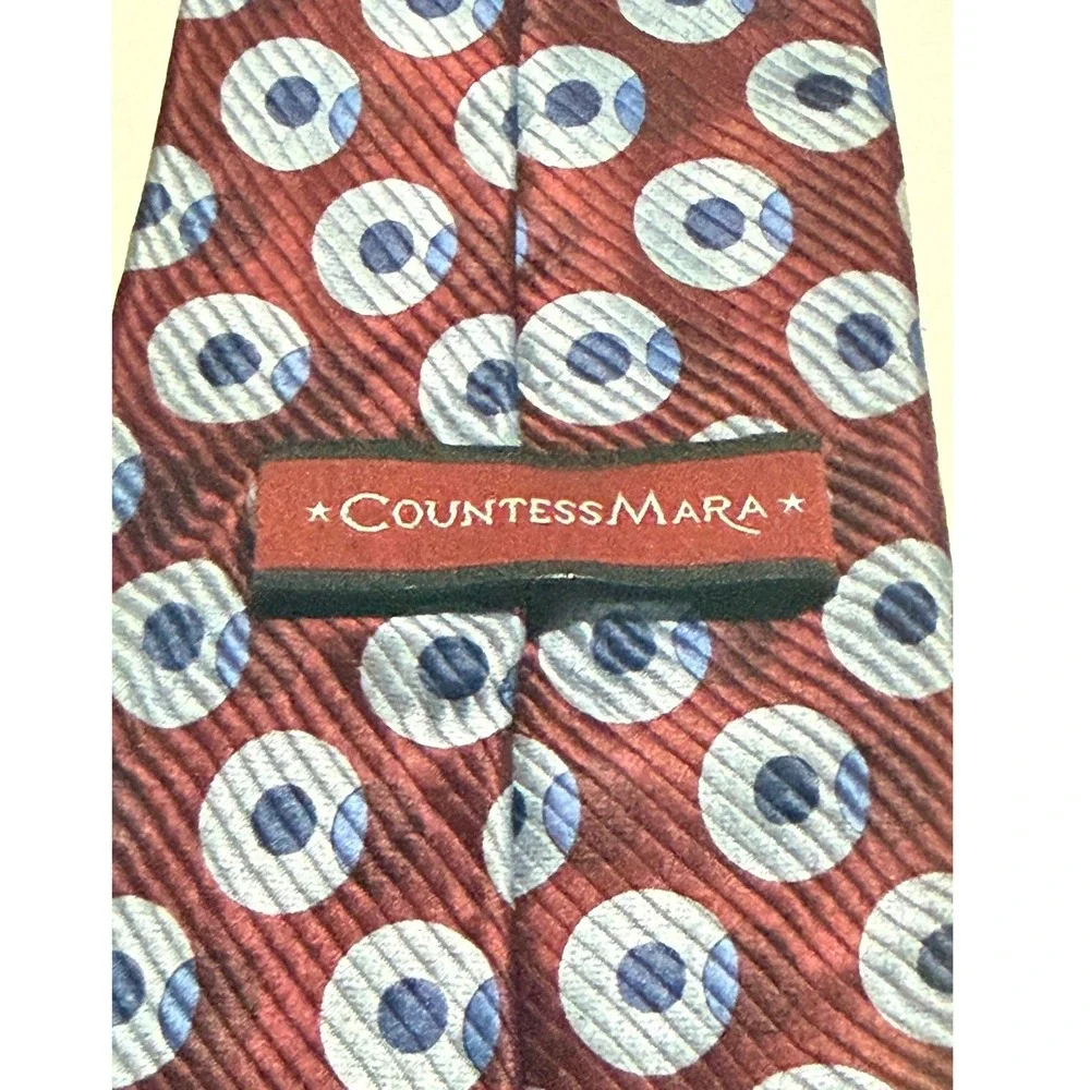 Countess Mara Extra Long Necktie Burgundy Blue Geometric Silk Made Italy Classic